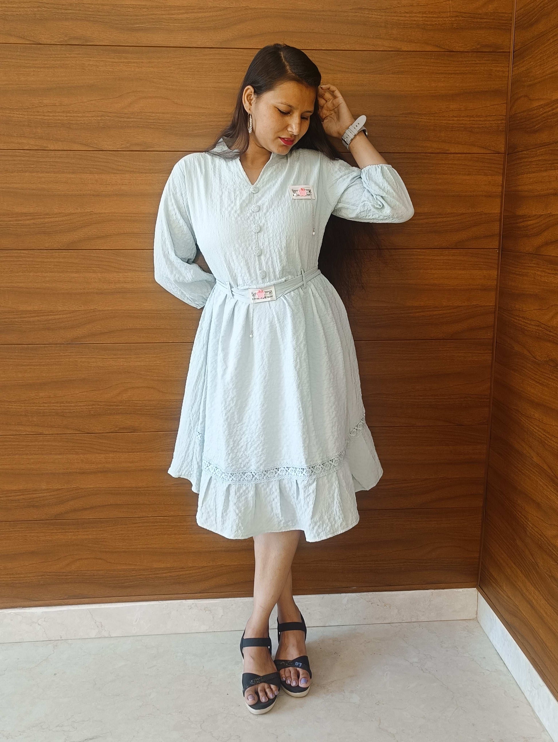 Pahnawaa Ice Blue Cotton Middi Dress