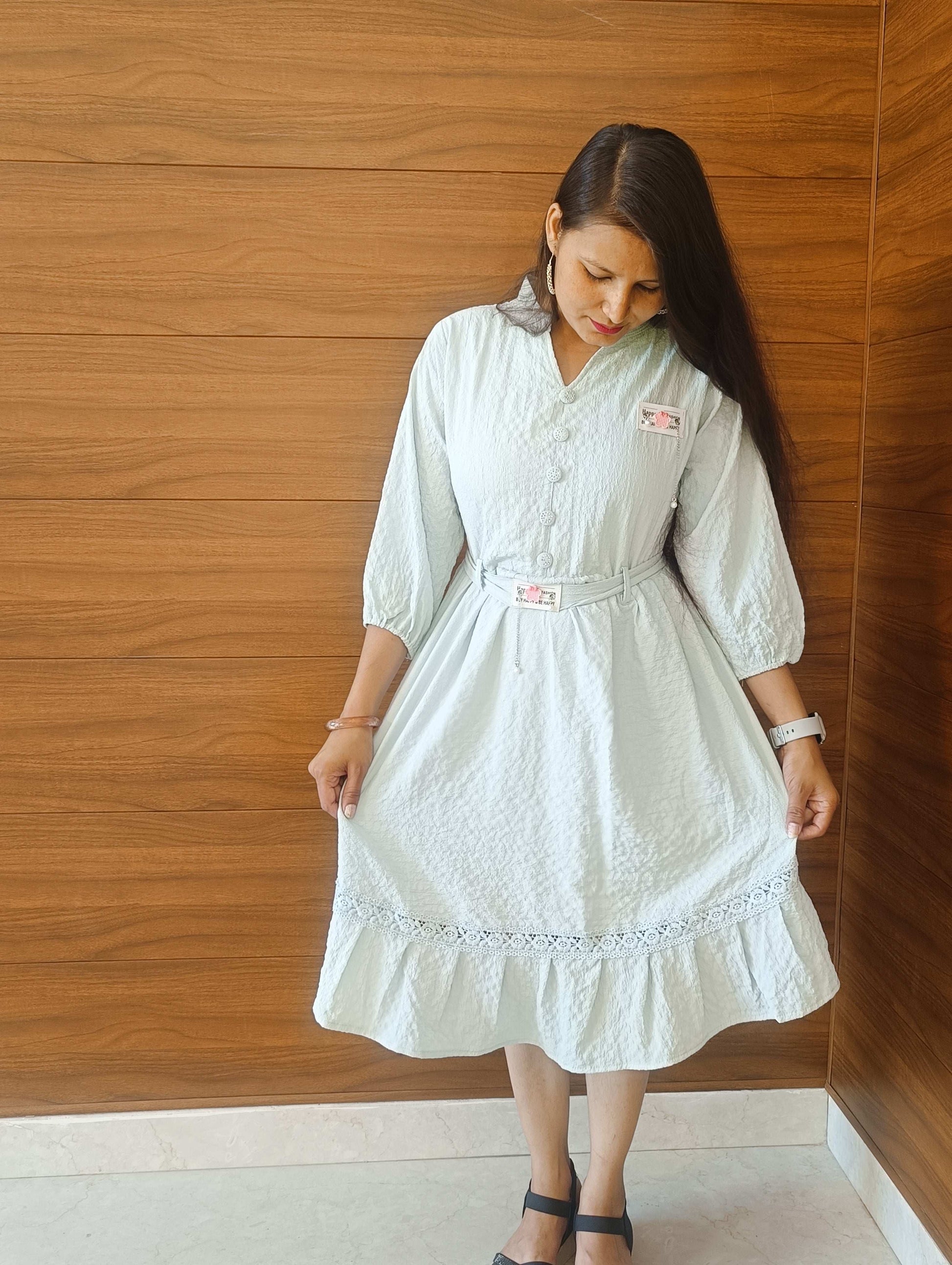 Pahnawaa Ice Blue Cotton Middi Dress