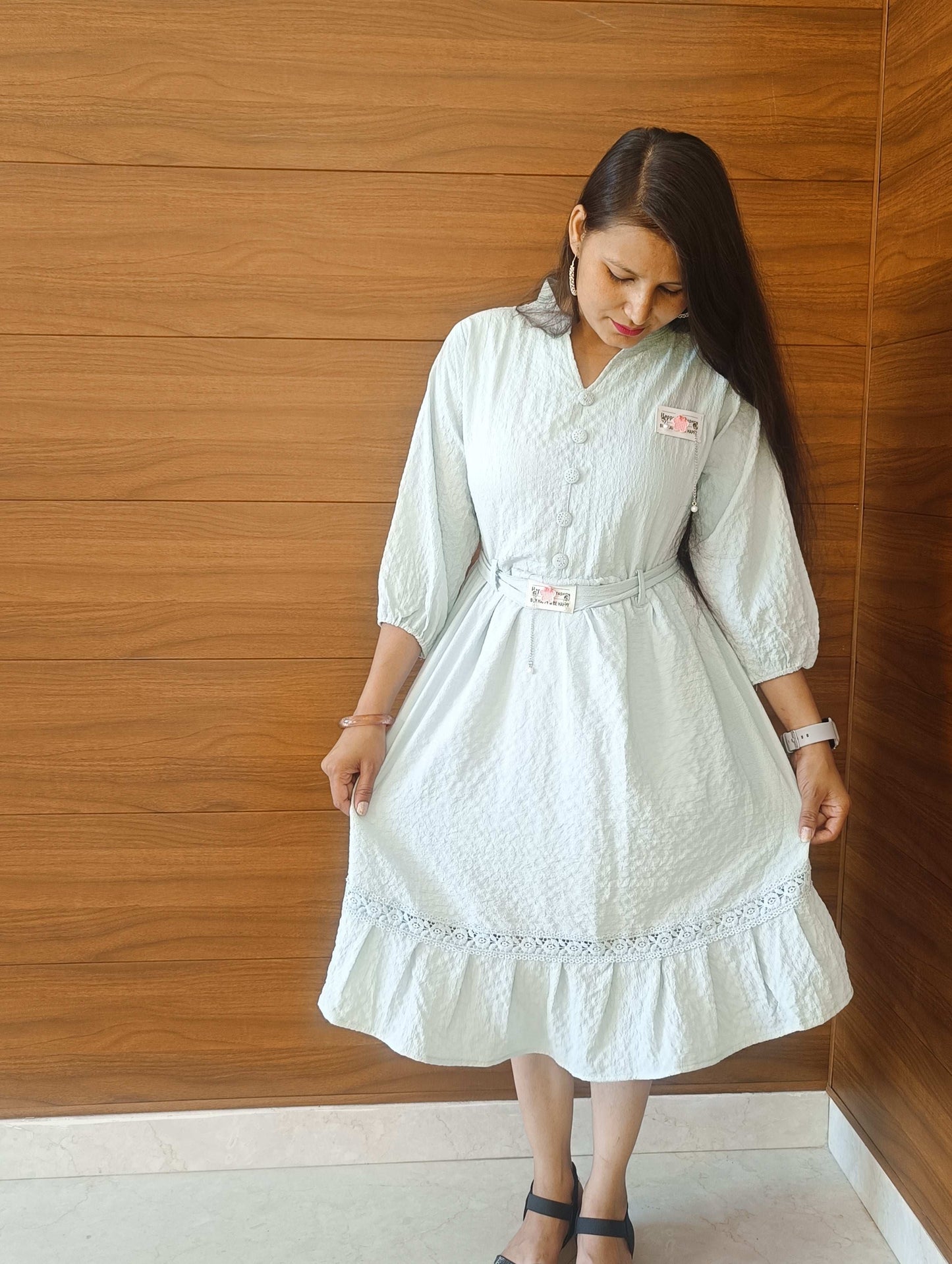 Pahnawaa Ice Blue Cotton Middi Dress