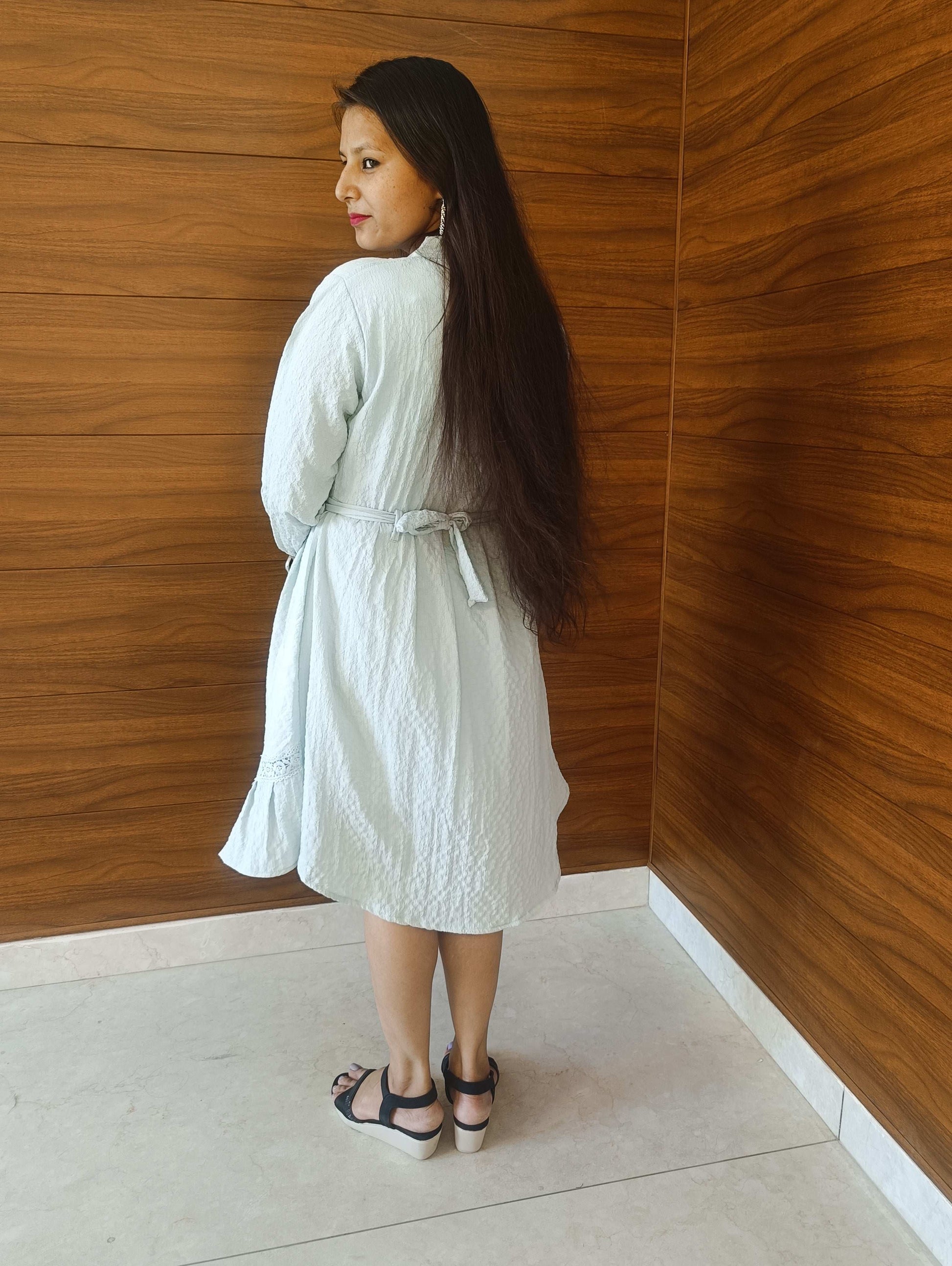 Pahnawaa Ice Blue Cotton Middi Dress