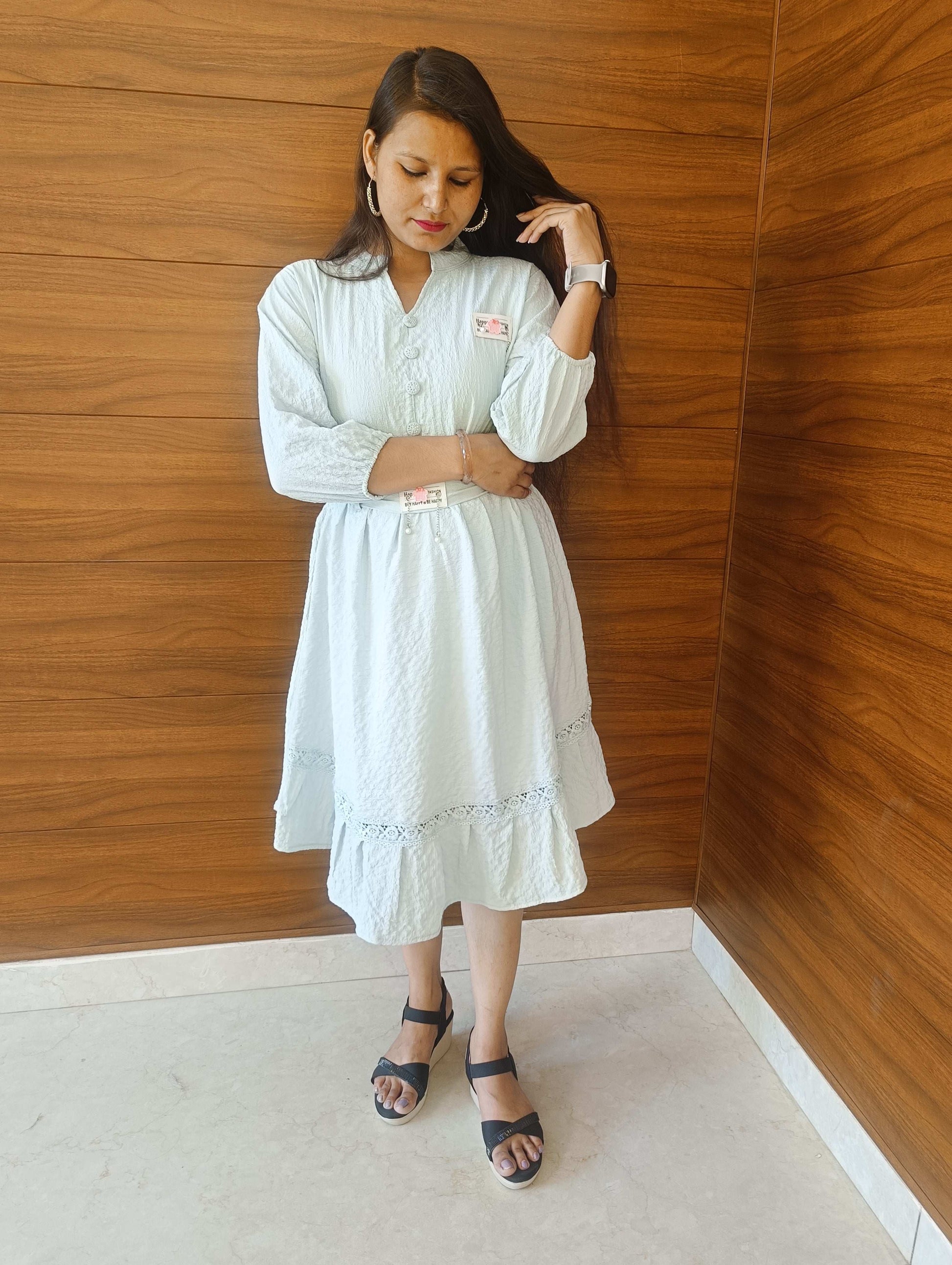 Pahnawaa Ice Blue Cotton Middi Dress