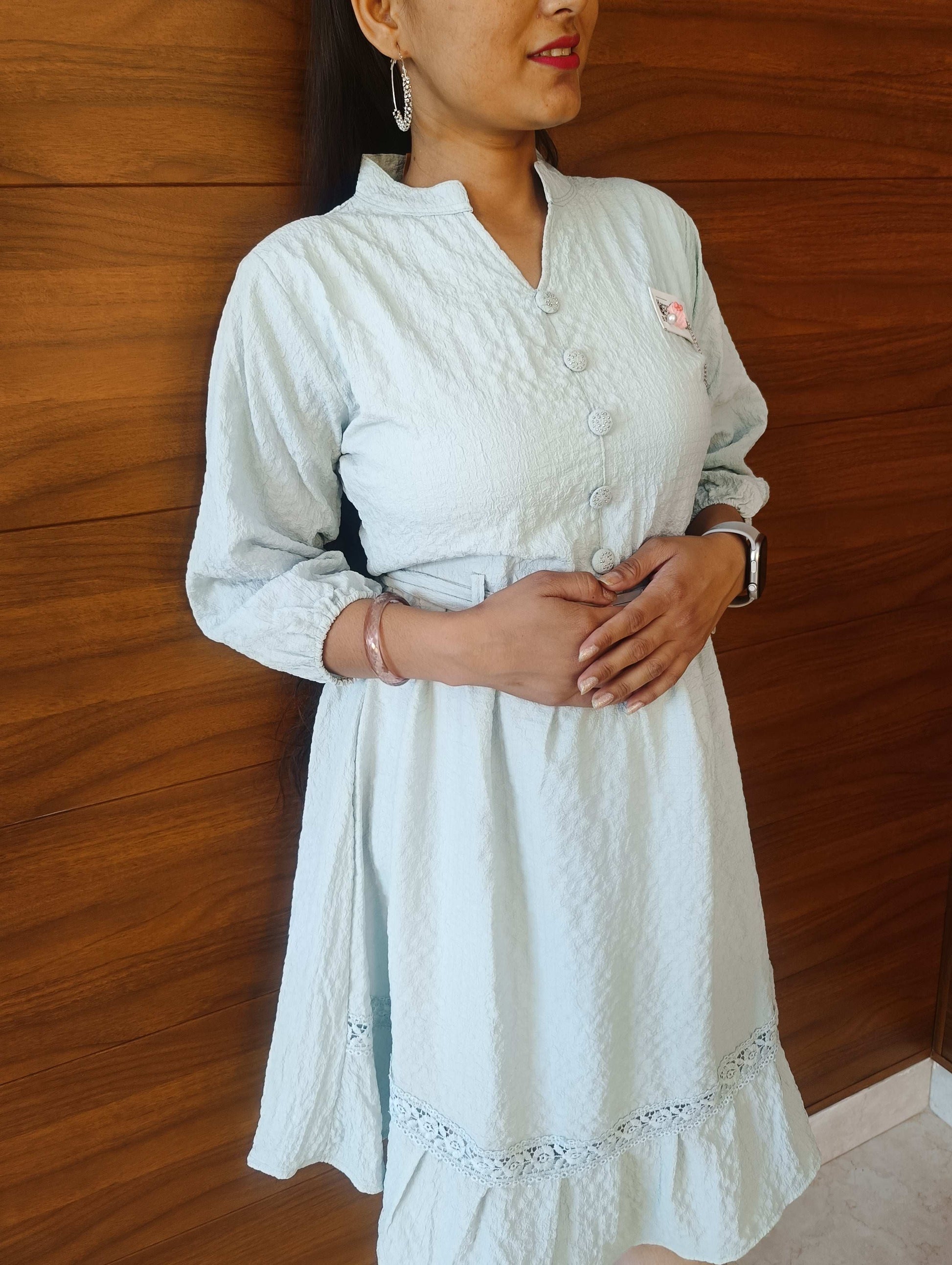 Pahnawaa Ice Blue Cotton Middi Dress