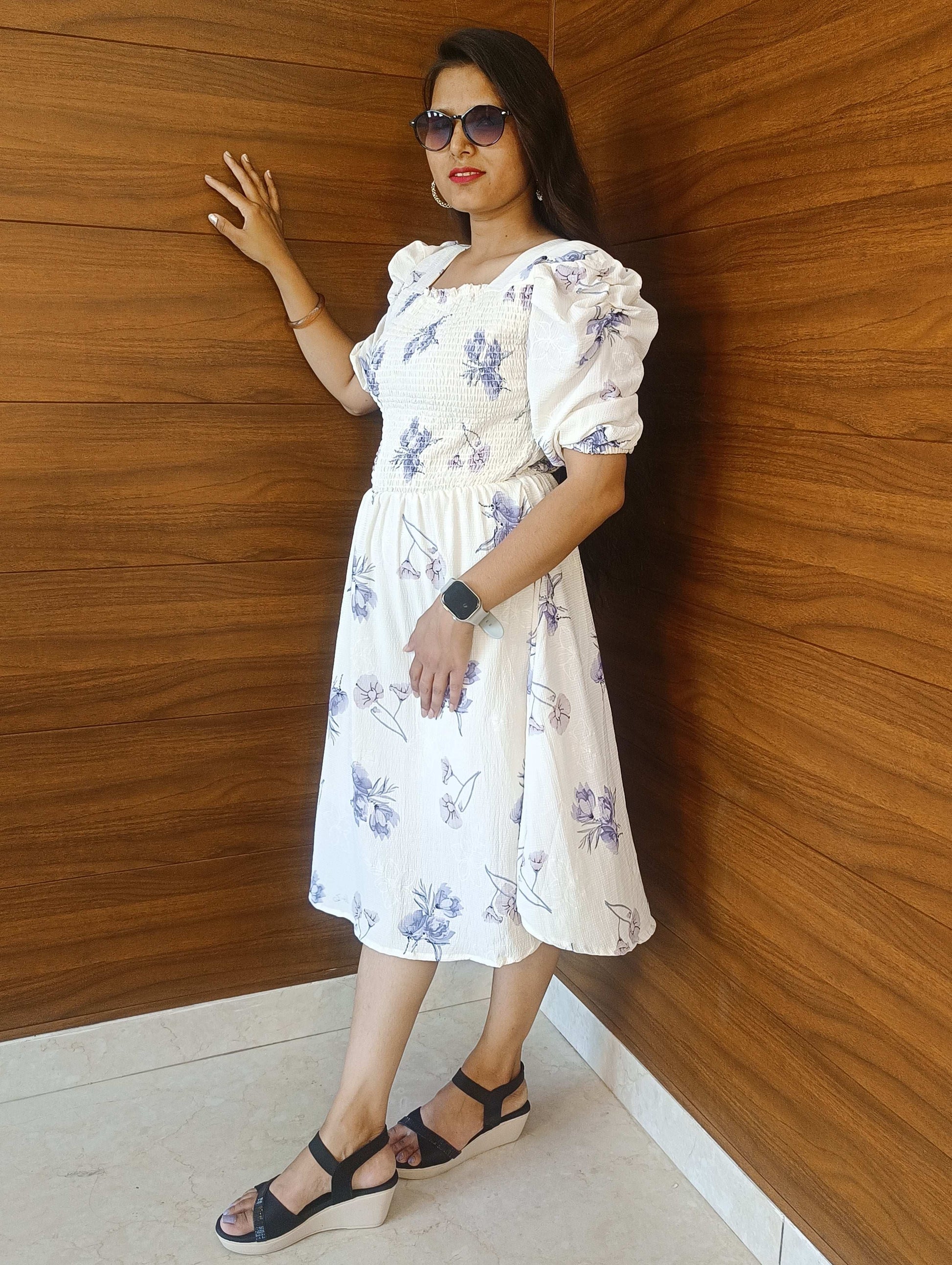 Pahnawaa Ice Blue Scoop Neck Middi Dress