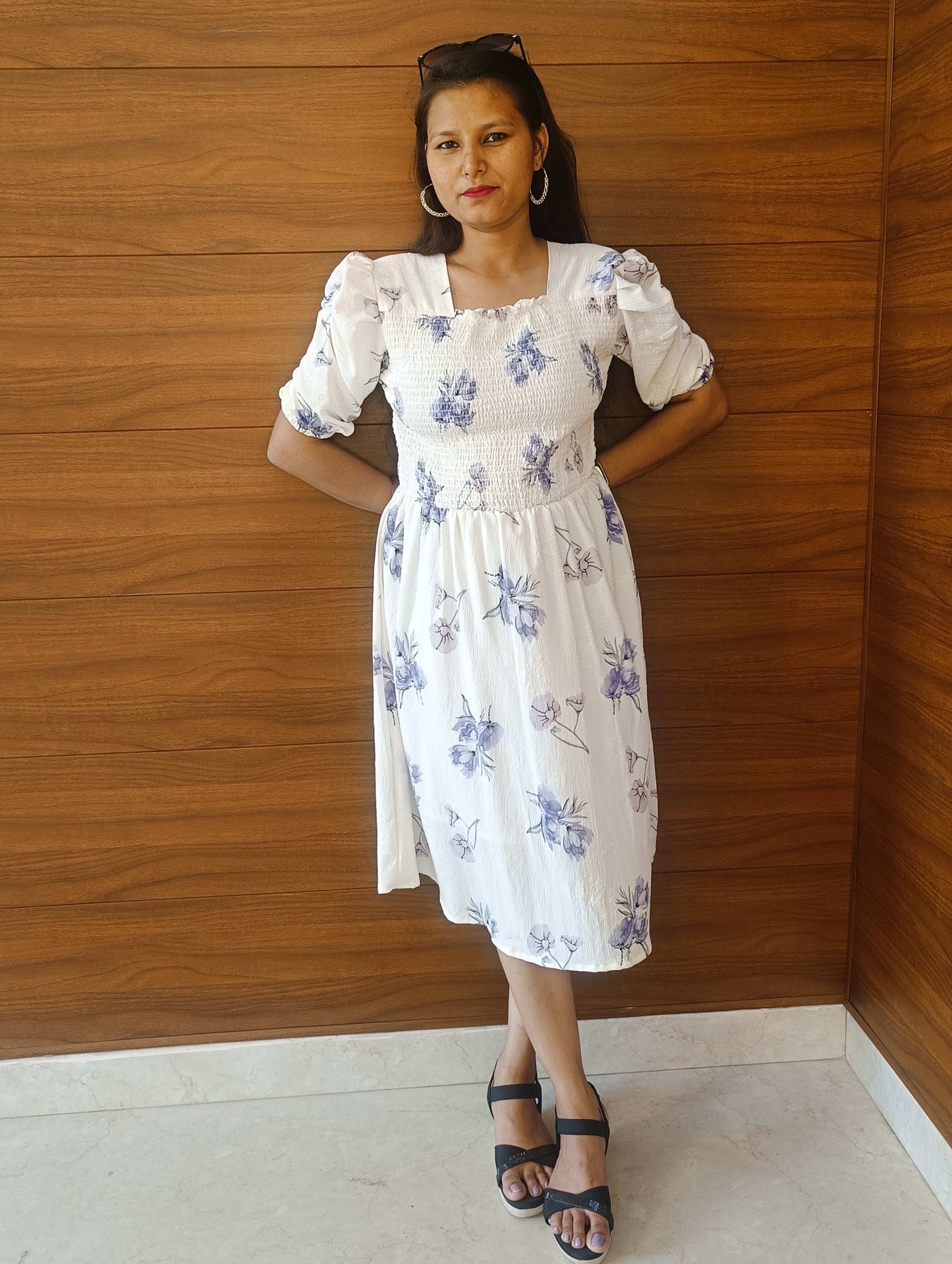 Pahnawaa Ice Blue Scoop Neck Middi Dress