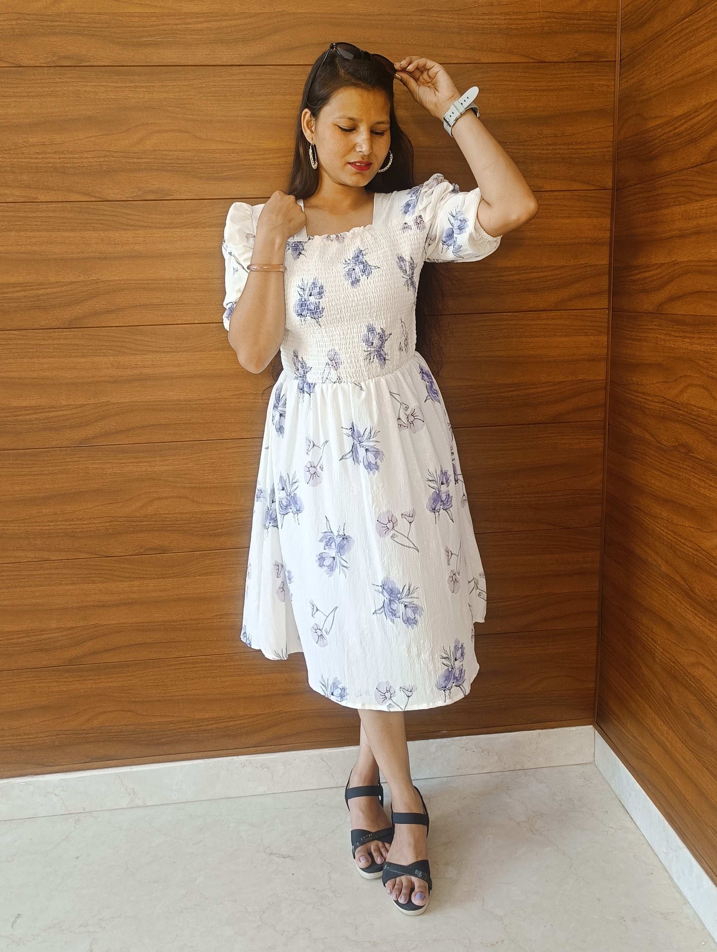 Pahnawaa Ice Blue Scoop Neck Middi Dress