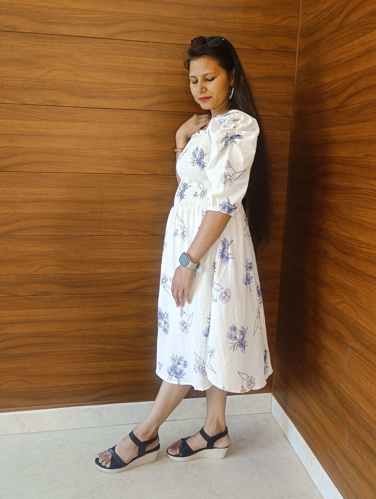 Pahnawaa Ice Blue Scoop Neck Middi Dress
