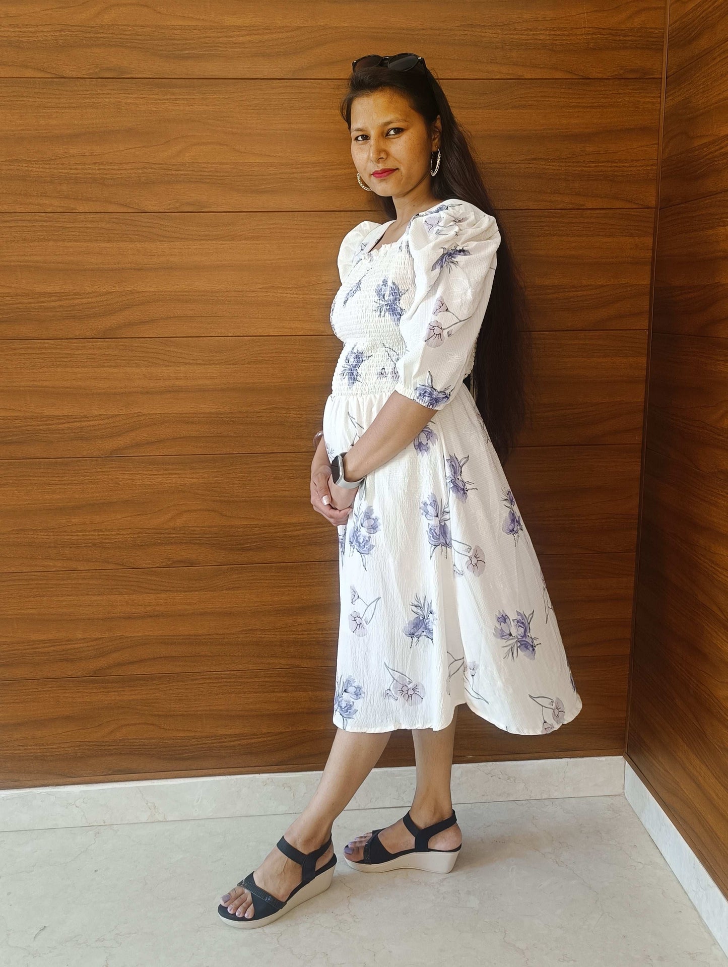 Pahnawaa Ice Blue Scoop Neck Middi Dress