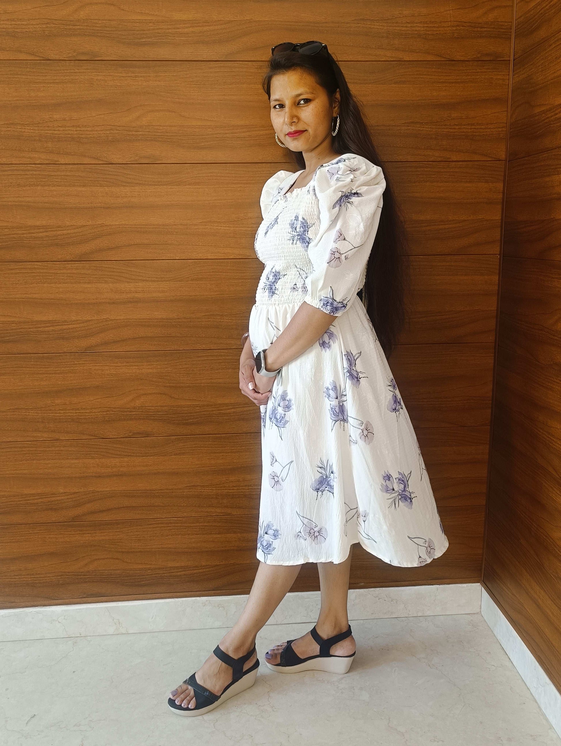 Pahnawaa Ice Blue Scoop Neck Middi Dress