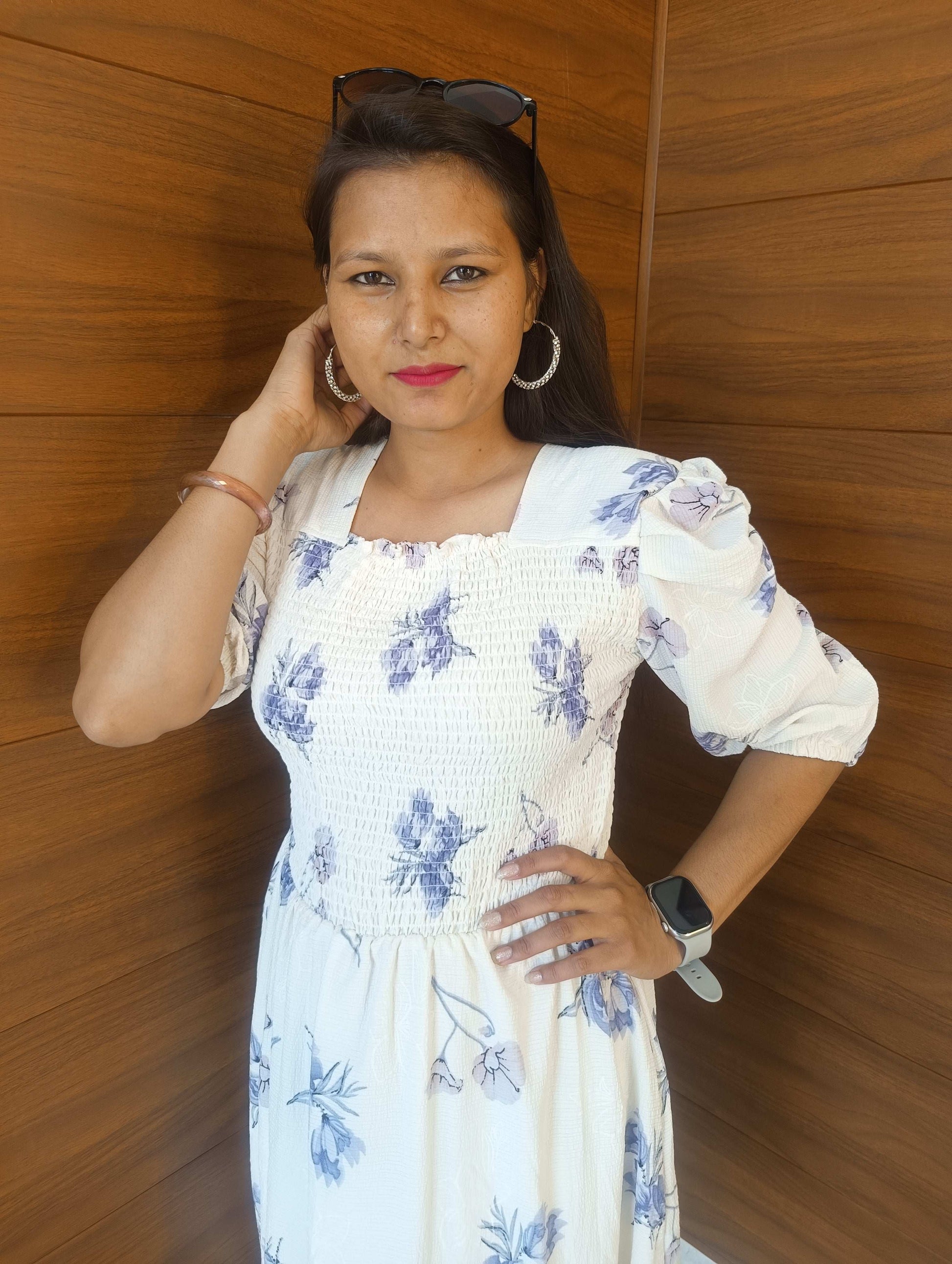Pahnawaa Ice Blue Scoop Neck Middi Dress