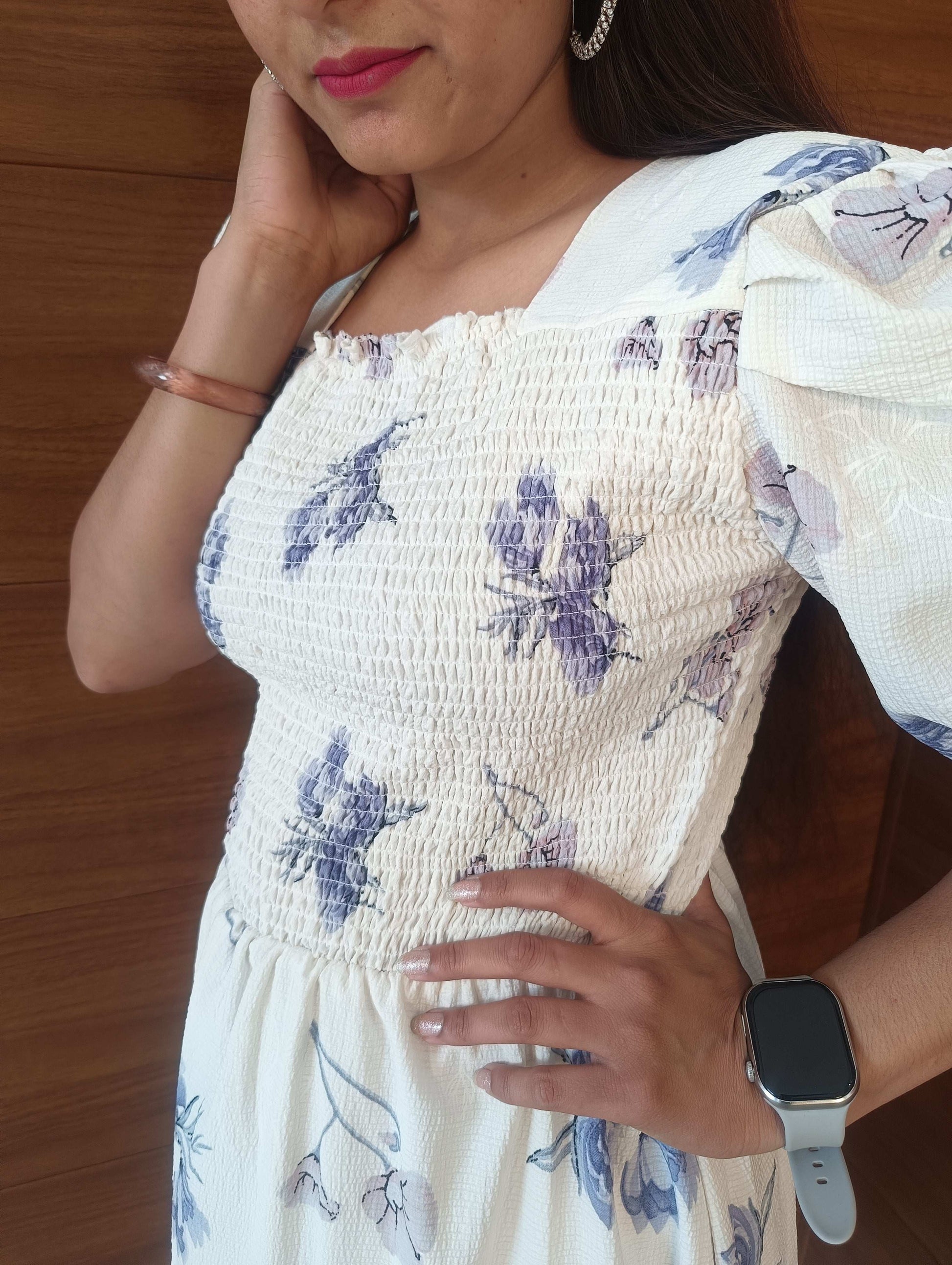 Pahnawaa Ice Blue Scoop Neck Middi Dress