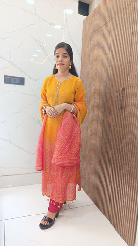 Women’s Yellow Red Chinnon Kurta Set with Dupatta