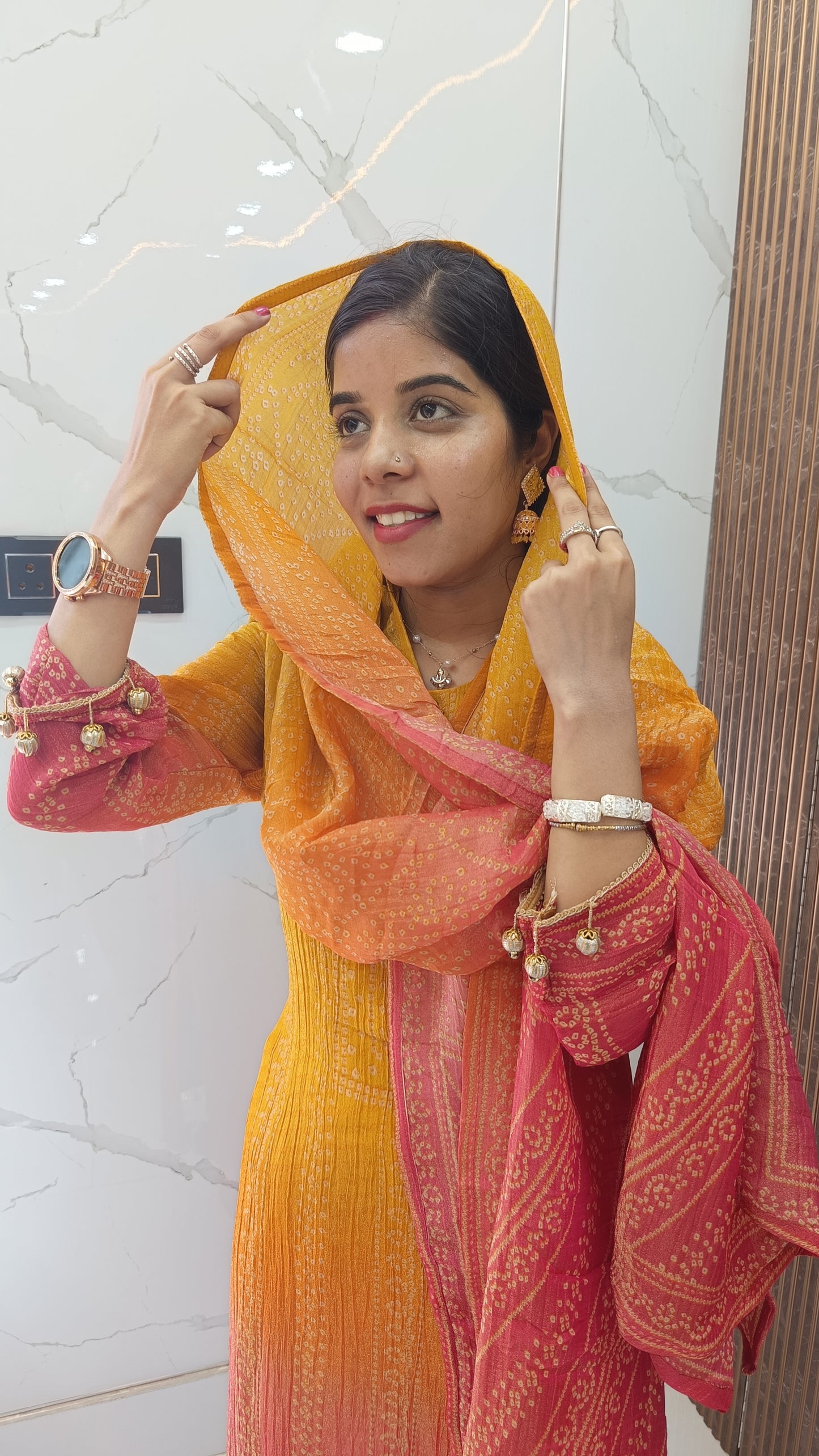 Women’s Yellow Red Chinnon Kurta Set with Dupatta