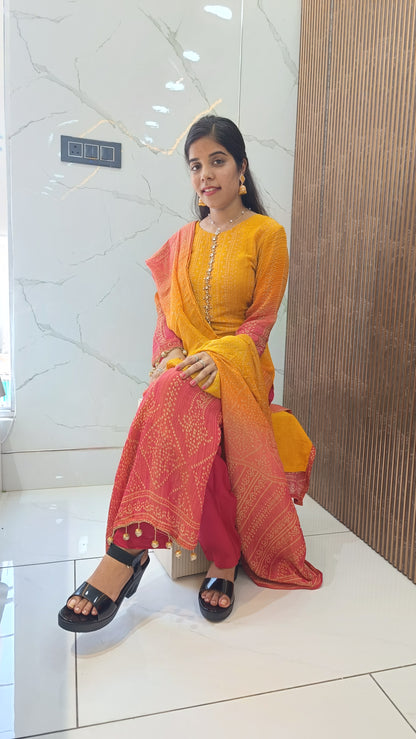 Women’s Yellow Red Chinnon Kurta Set with Dupatta
