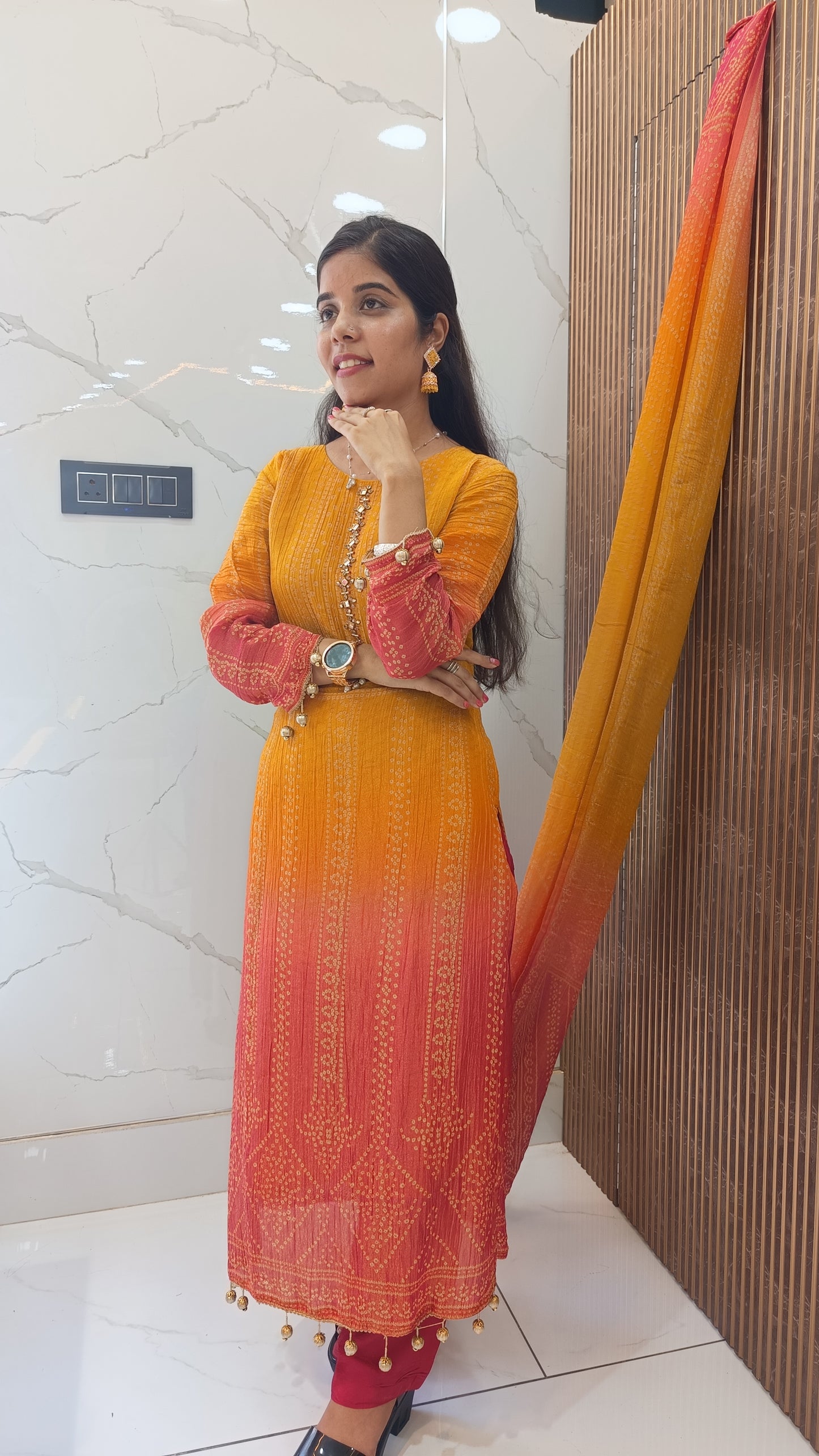 Women’s Yellow Red Chinnon Kurta Set with Dupatta