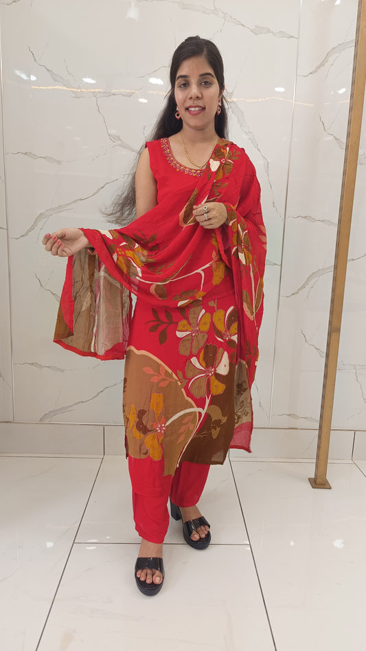 Women’s Red Chinnon Kurta Set with Dupatta