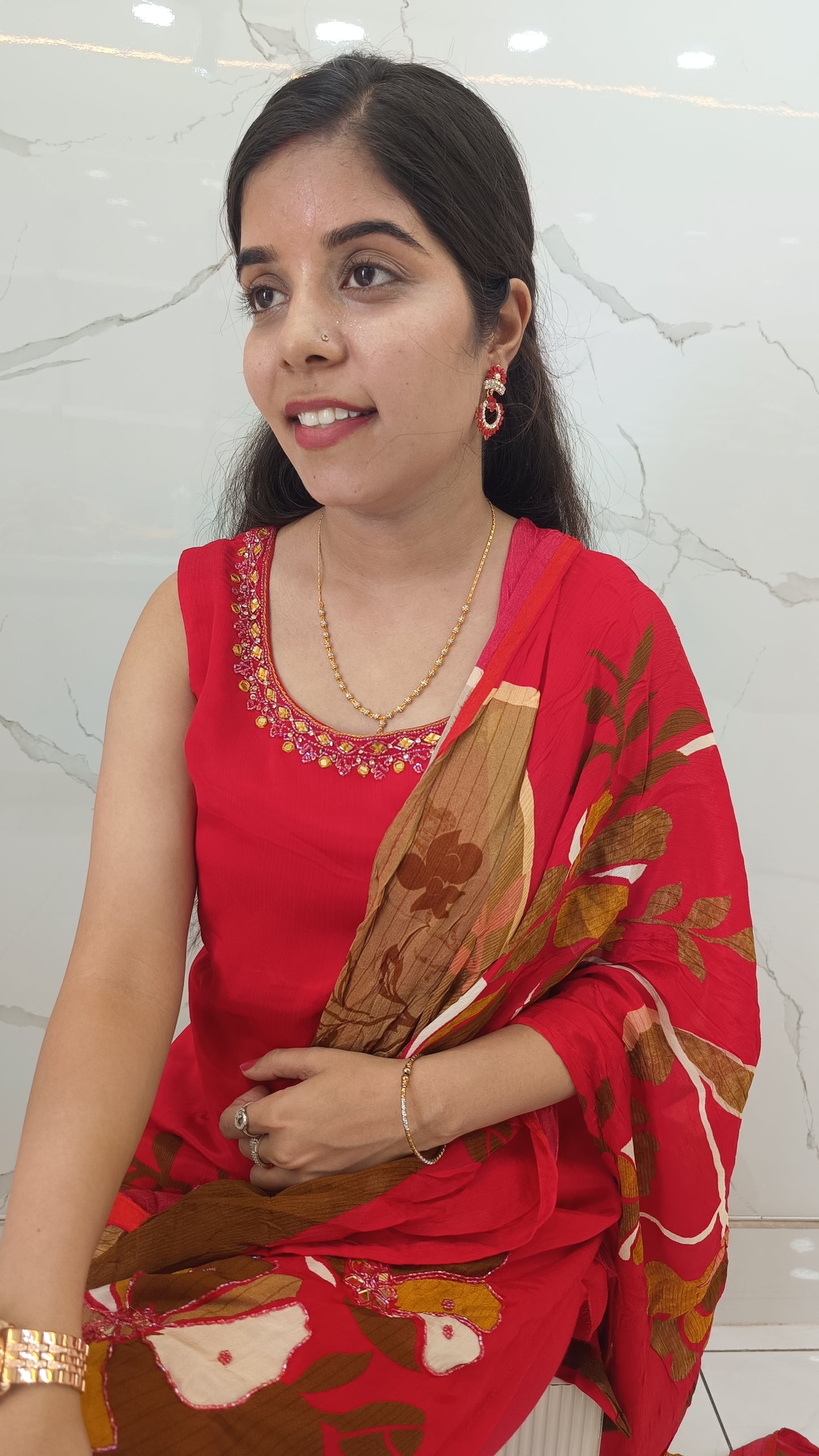 Women’s Red Chinnon Kurta Set with Dupatta