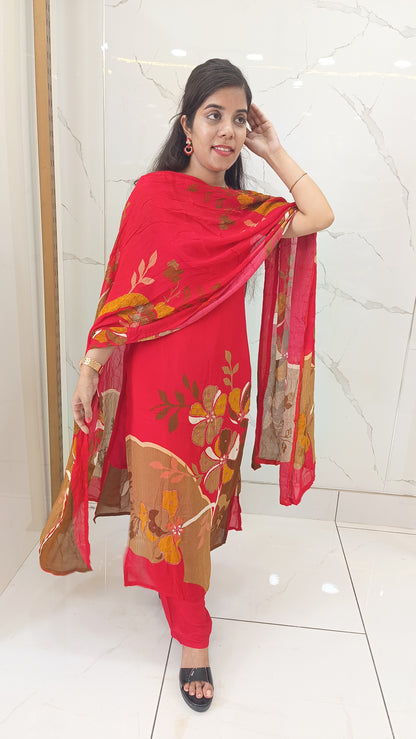 Women’s Red Chinnon Kurta Set with Dupatta