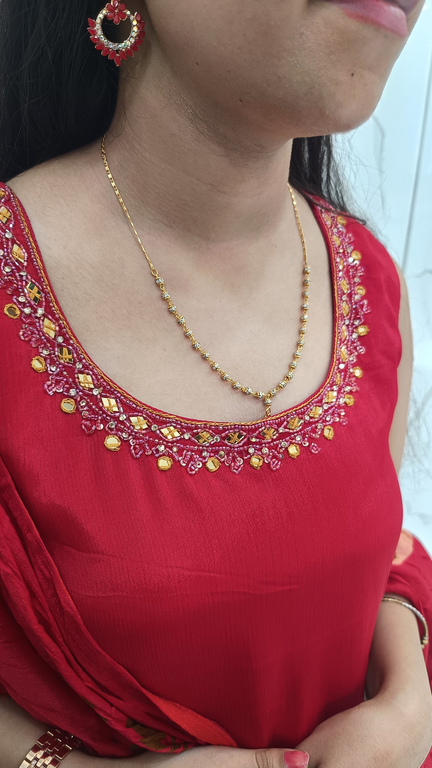 Women’s Red Chinnon Kurta Set with Dupatta