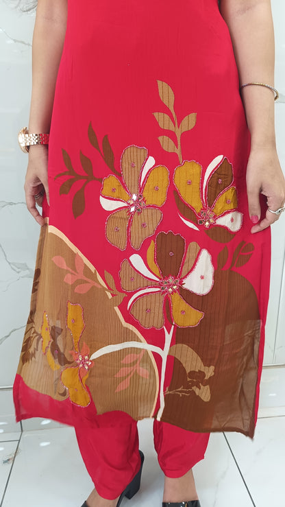 Women’s Red Chinnon Kurta Set with Dupatta