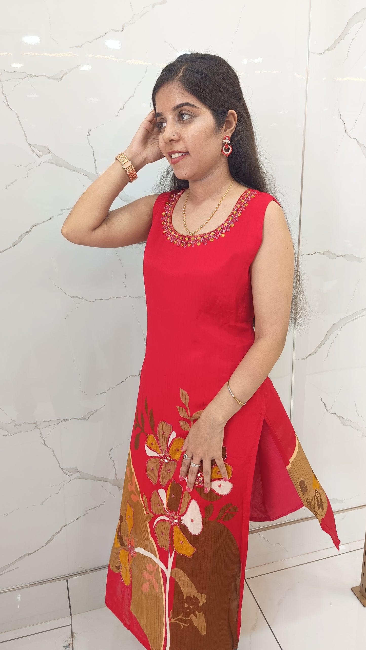 Women’s Red Chinnon Kurta Set with Dupatta