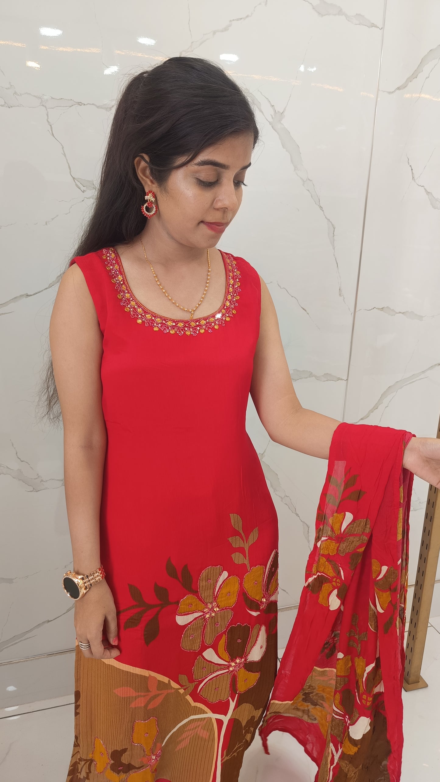 Women’s Red Chinnon Kurta Set with Dupatta