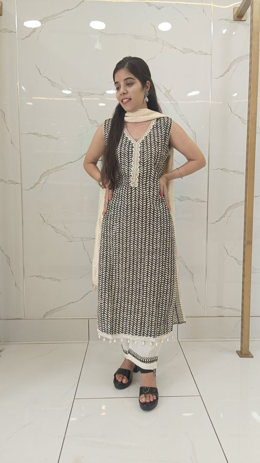 Black Suit with Neck Design and designer Cream Dupatta