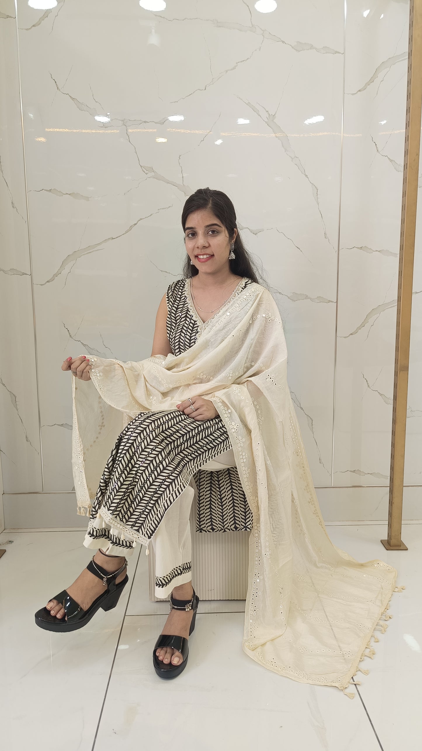Black Suit with Neck Design and designer Cream Dupatta