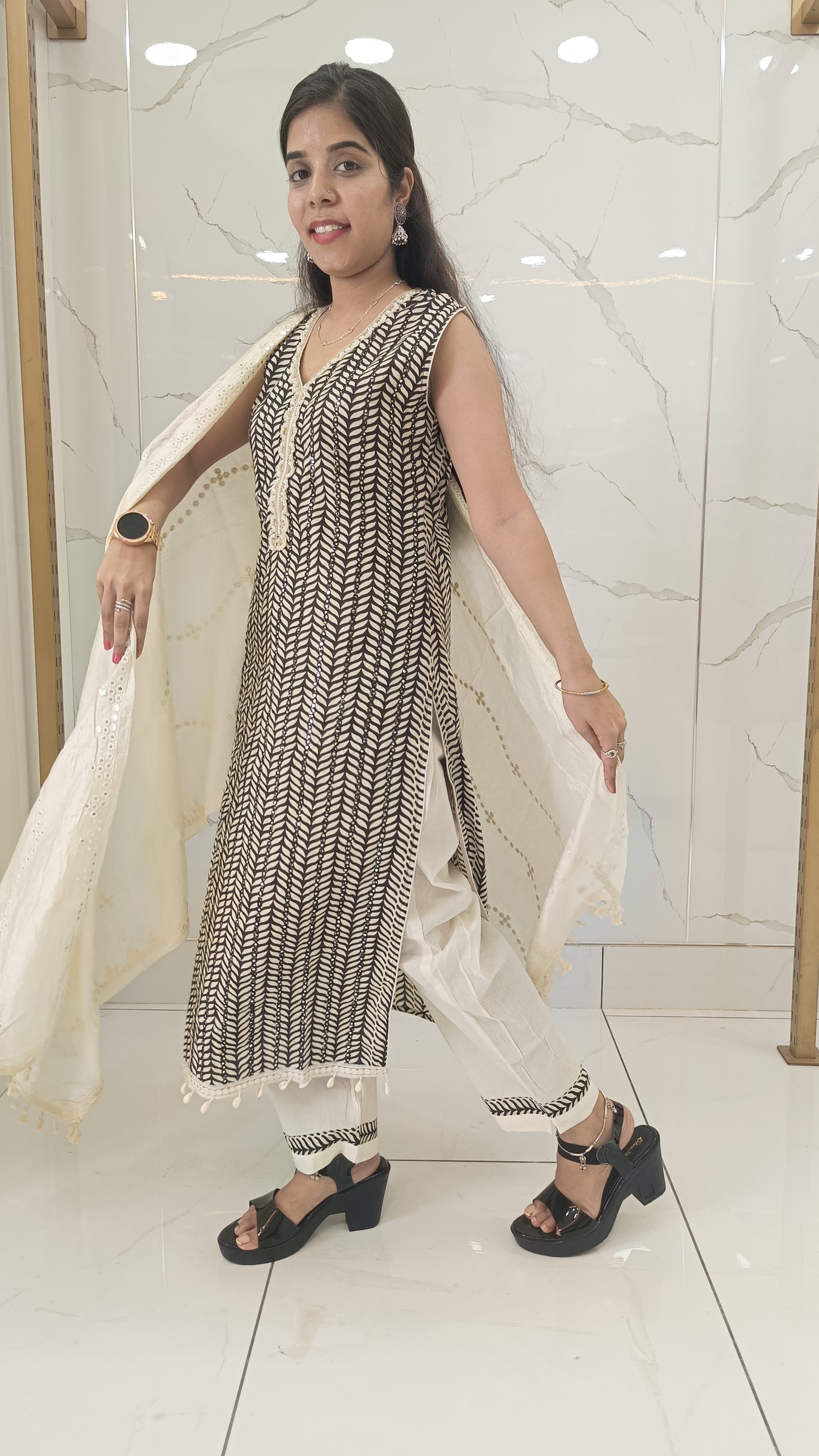 Black Suit with Neck Design and designer Cream Dupatta