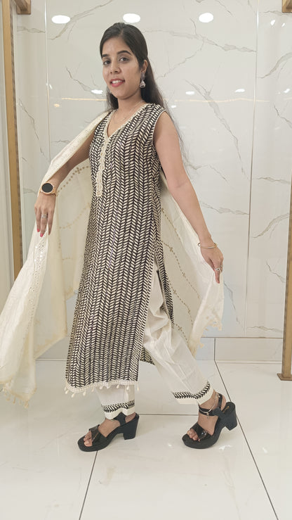 Black Suit with Neck Design and designer Cream Dupatta