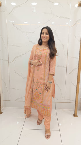Women’s Peach Natural Crepe Suit Set with Embroidery & Dupatta