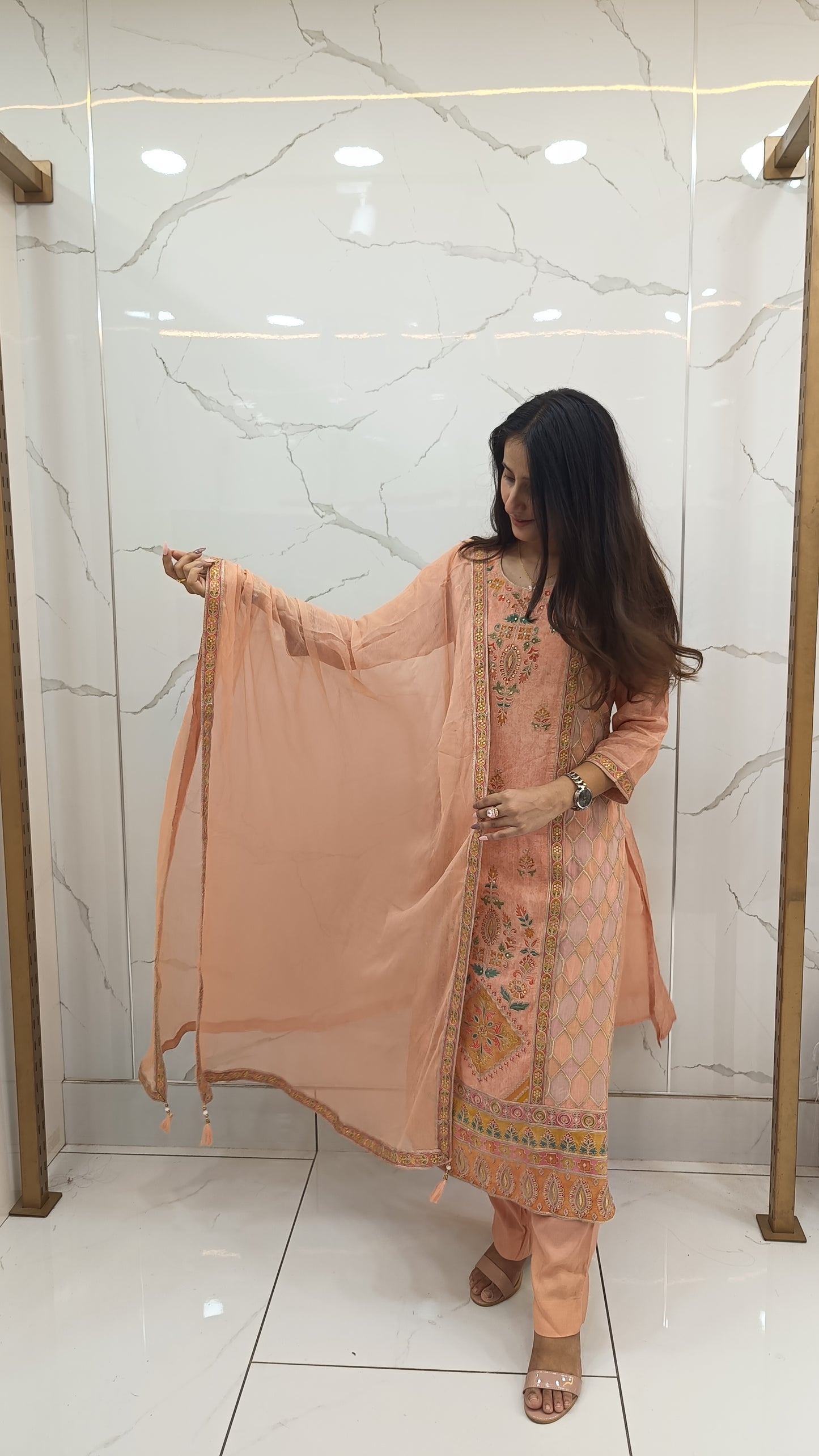 Women’s Peach Natural Crepe Suit Set with Embroidery & Dupatta