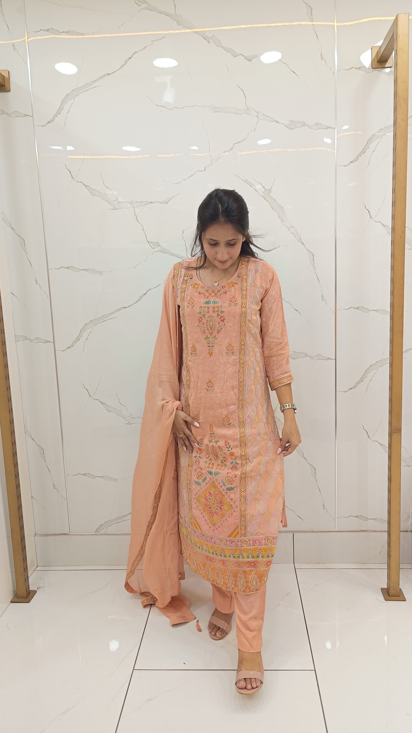Women’s Peach Natural Crepe Suit Set with Embroidery & Dupatta
