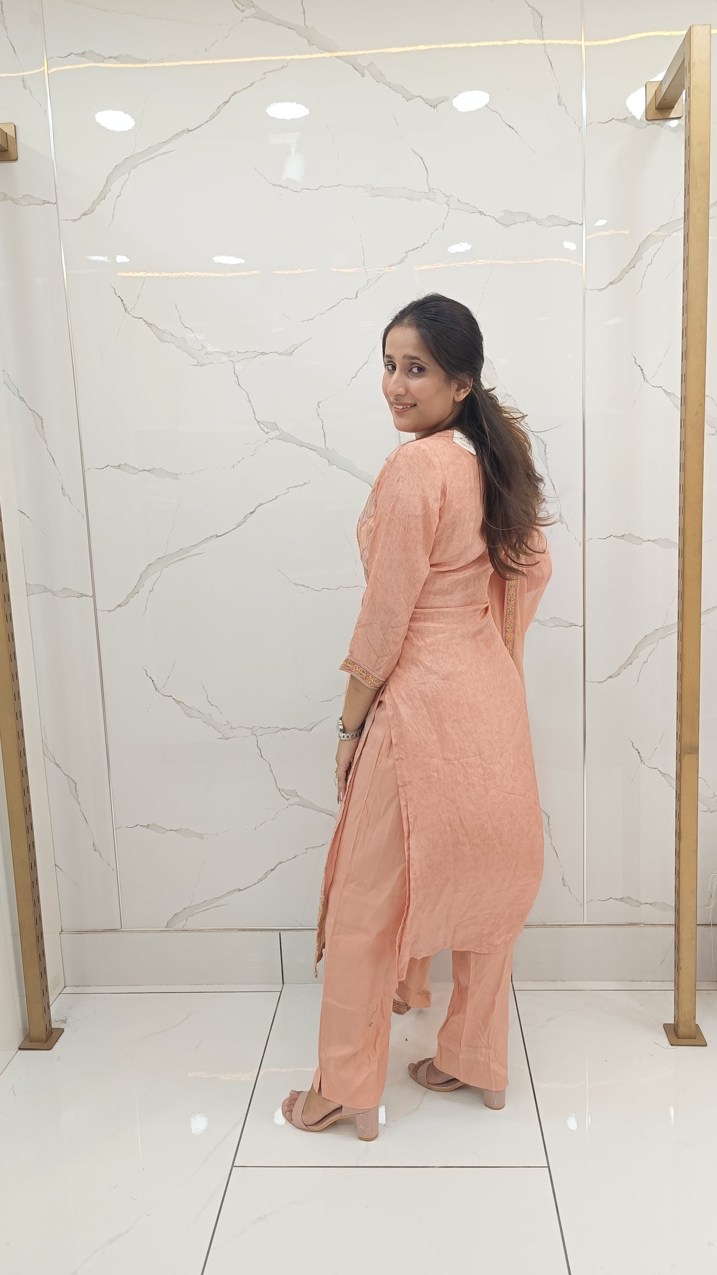 Women’s Peach Natural Crepe Suit Set with Embroidery & Dupatta