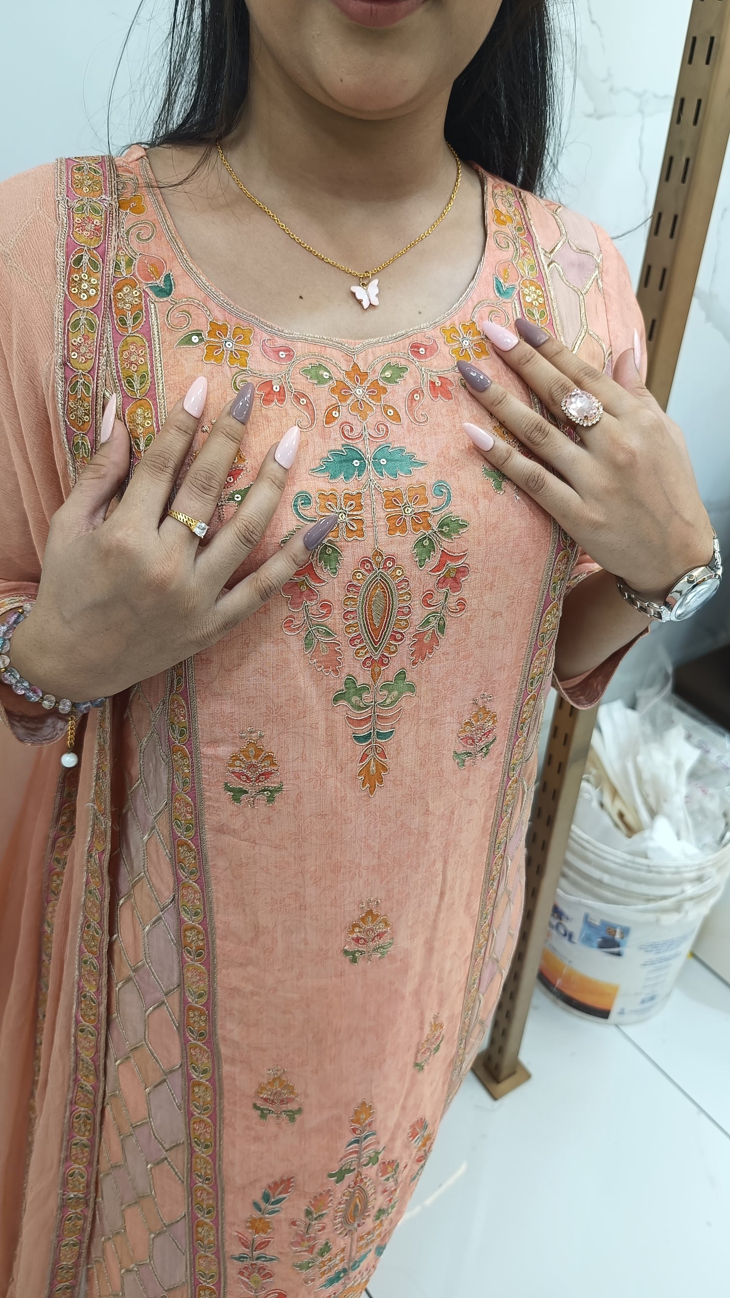 Women’s Peach Natural Crepe Suit Set with Embroidery & Dupatta