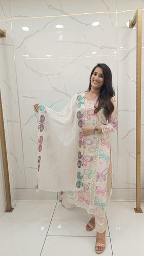 Women’s Cream Cotton Suit Set with Colorful Butterfly Print