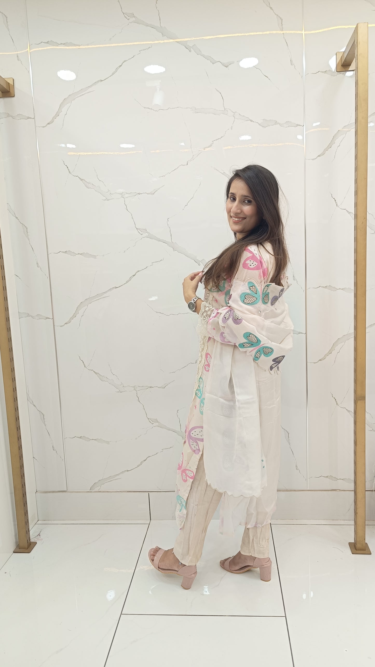 Women’s Cream Cotton Suit Set with Colorful Butterfly Print