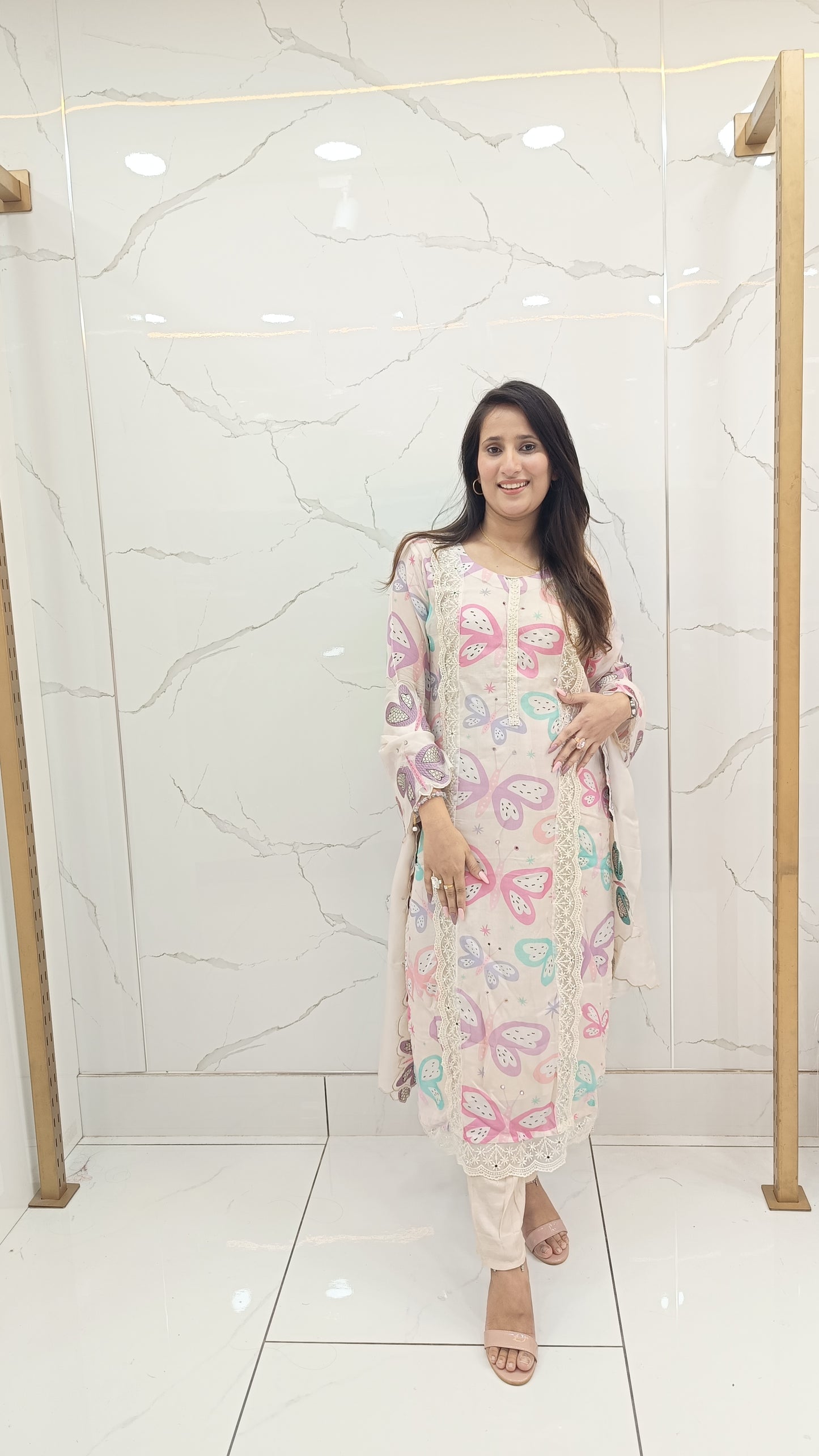 Women’s Cream Cotton Suit Set with Colorful Butterfly Print