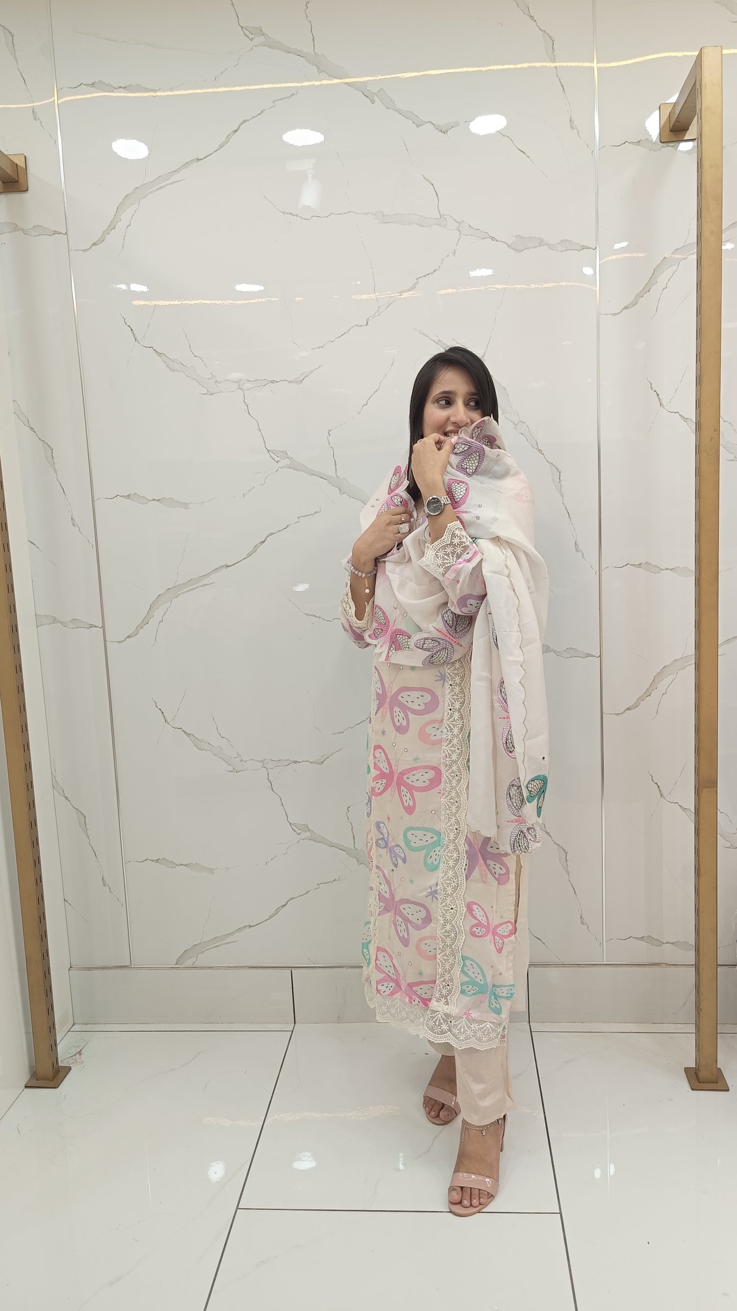 Women’s Cream Cotton Suit Set with Colorful Butterfly Print