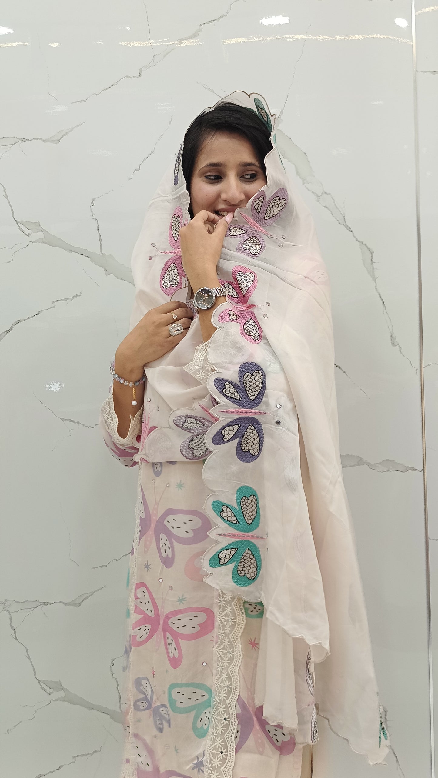 Women’s Cream Cotton Suit Set with Colorful Butterfly Print