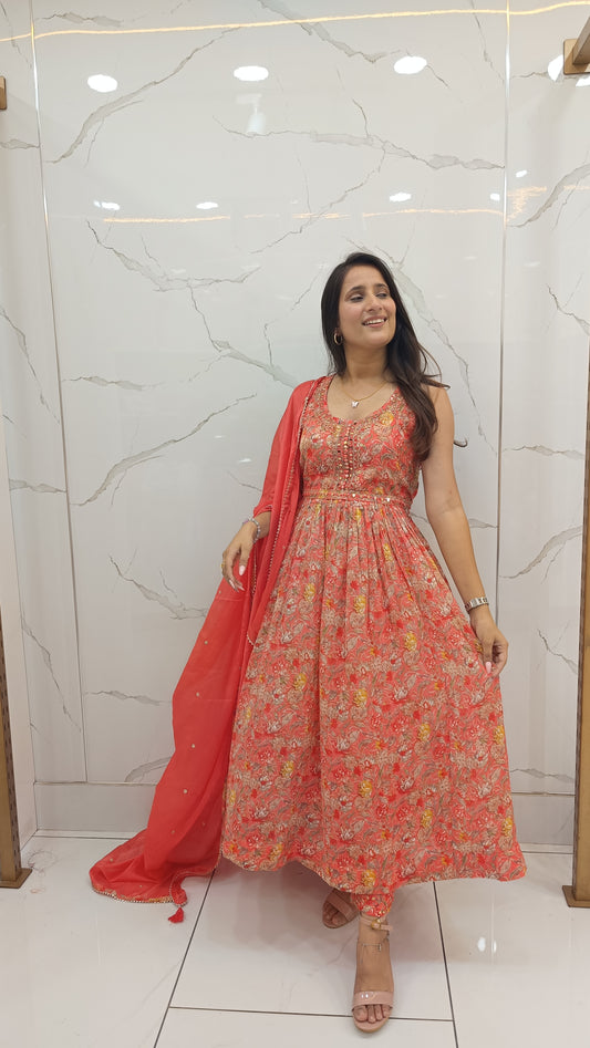 Women’s Red Chinnon Printed Anarkali Kurta Set with Dupatta