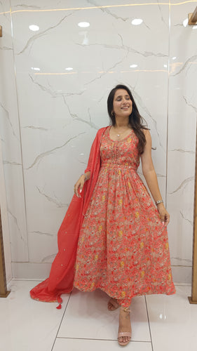 Women’s Red Chinnon Printed Anarkali Kurta Set with Dupatta