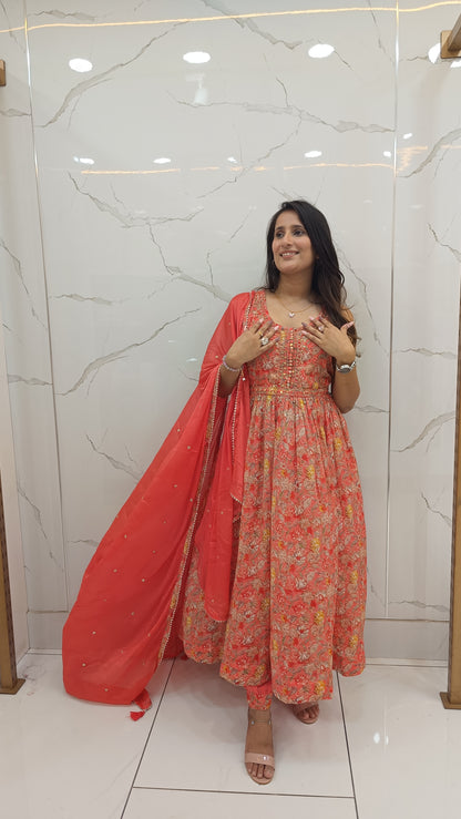 Women’s Red Chinnon Printed Anarkali Kurta Set with Dupatta