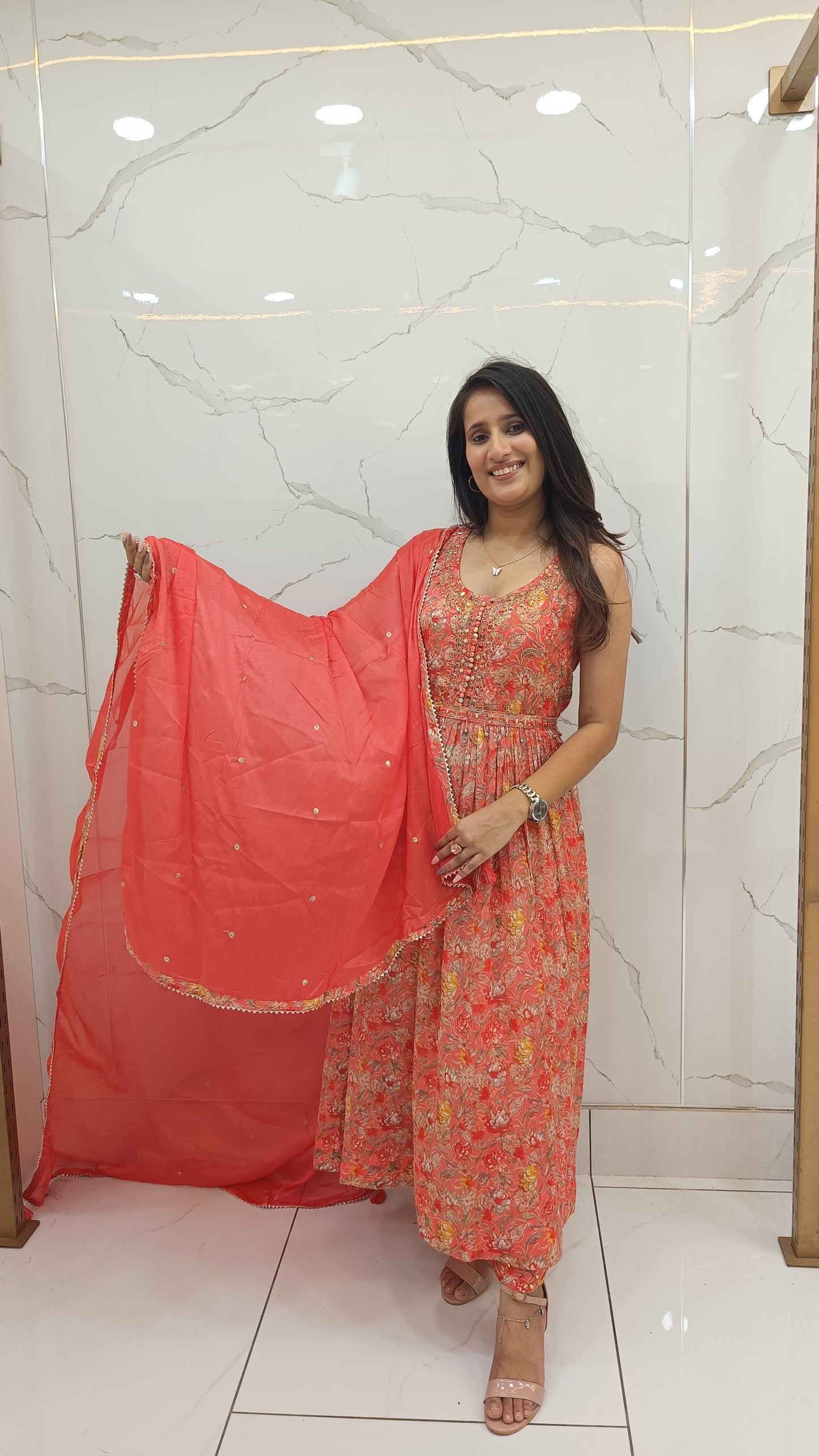Women’s Red Chinnon Printed Anarkali Kurta Set with Dupatta