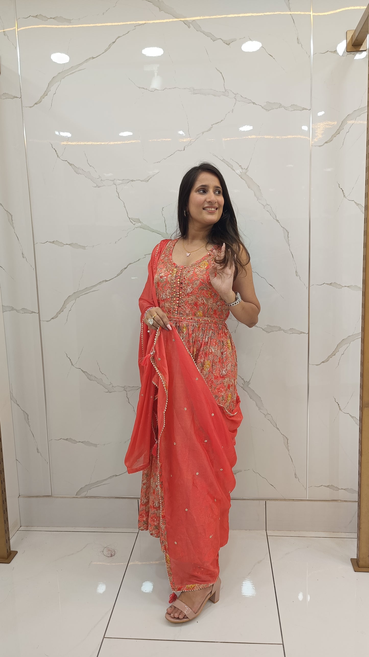 Women’s Red Chinnon Printed Anarkali Kurta Set with Dupatta