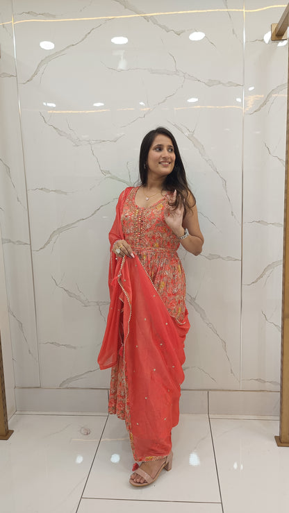 Women’s Red Chinnon Printed Anarkali Kurta Set with Dupatta