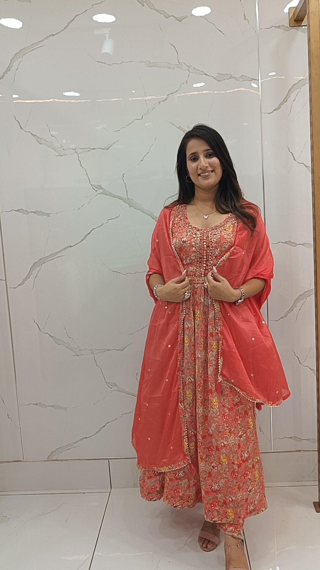 Women’s Red Chinnon Printed Anarkali Kurta Set with Dupatta