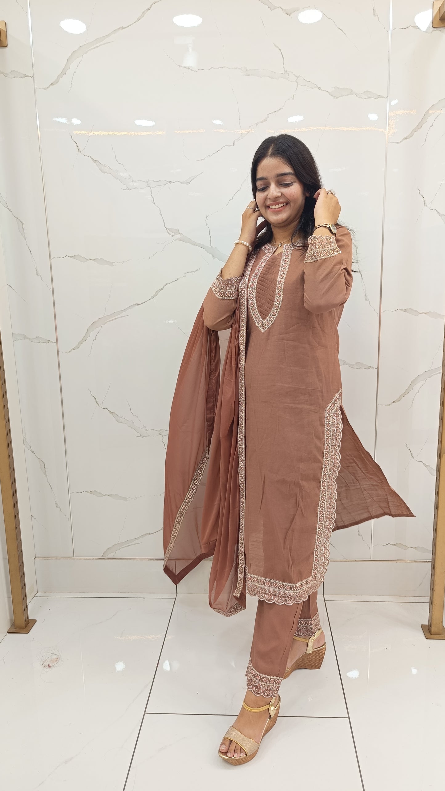 Women’s Brown Muslin Printed Anarkali Kurta Set with Dupatta