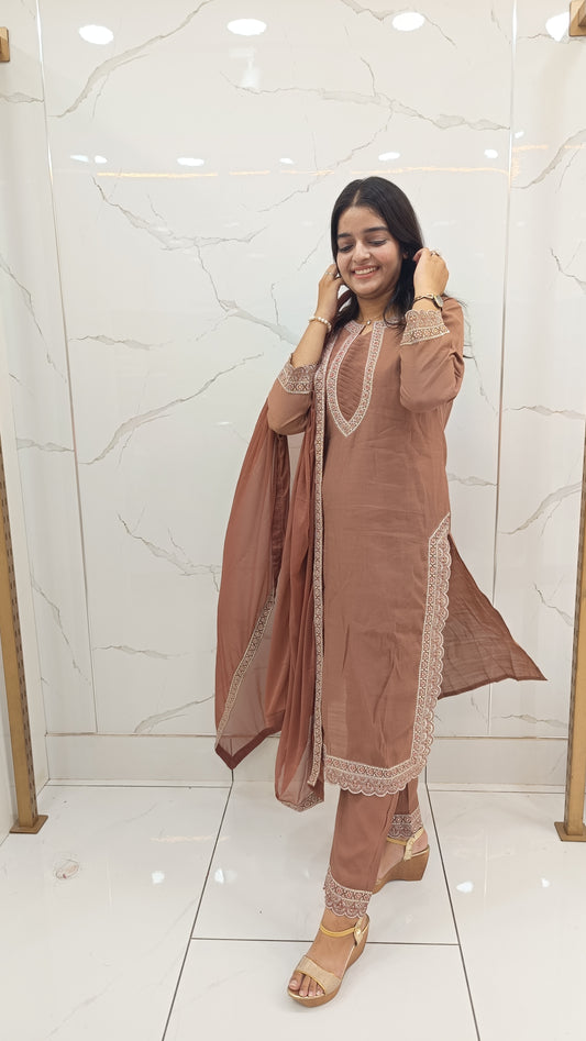 Women’s Brown Muslin Printed Anarkali Kurta Set with Dupatta