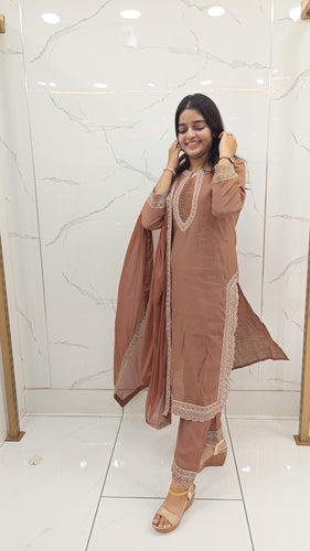 Women’s Brown Muslin Printed Anarkali Kurta Set with Dupatta