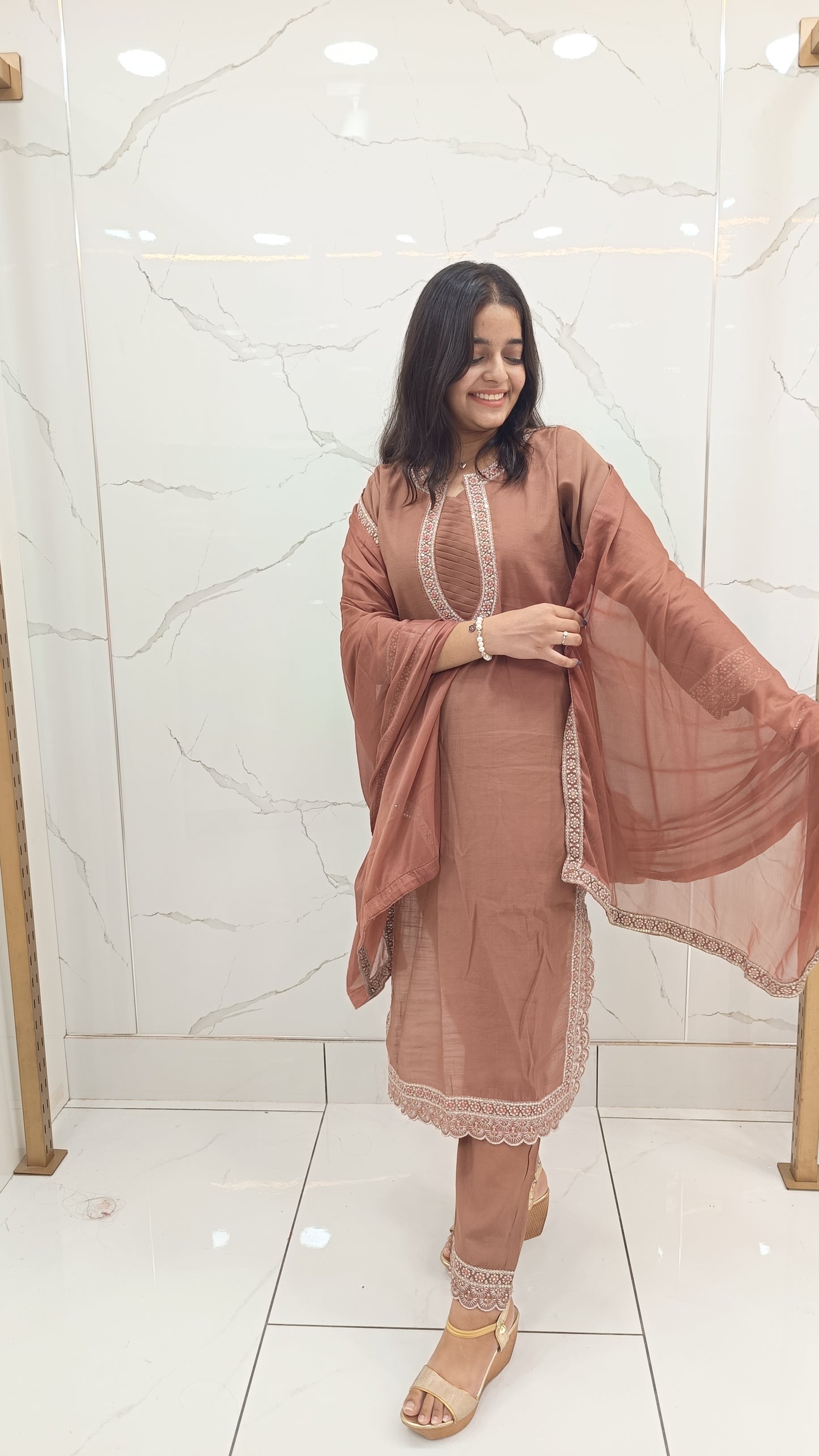 Women’s Brown Muslin Printed Anarkali Kurta Set with Dupatta